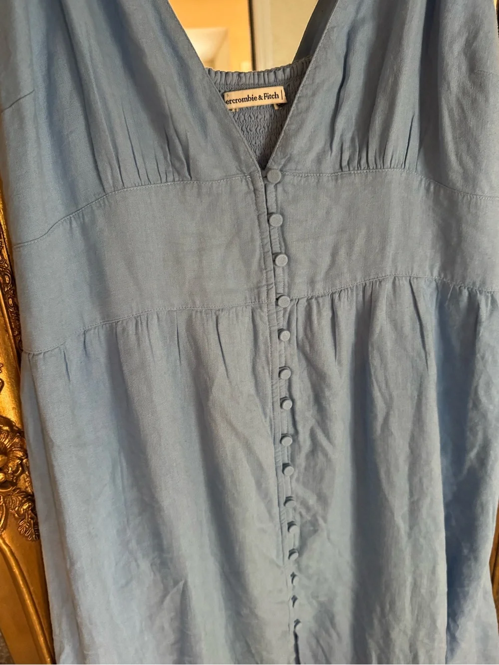Abercrombie and Fitch Light Blue Women's Spaghetti Strap Button-Front Maxi Dress